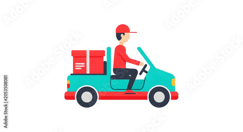 A delivery driver in a small teal vehicle transporting a red package, illustrating efficient logistics.