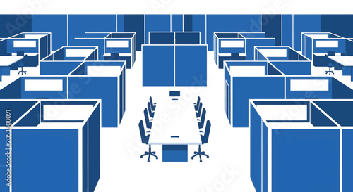 A stylized blue and white illustration of an office layout featuring many cubicles surrounding a central conference room with a long table and chairs.