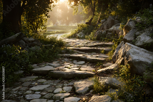 Golden hour light illuminates a winding cobblestone path through a verdant forest, leading to a tranquil lake. Lush nature and peaceful scenery.