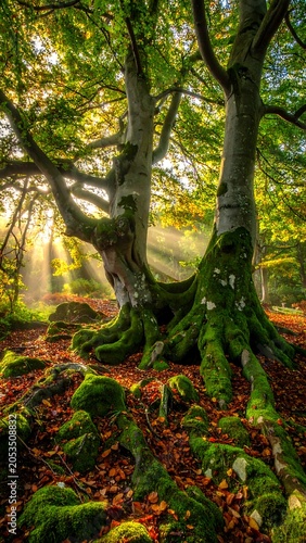 Towering tree with moss covered roots in sunlight forest landscape scenery