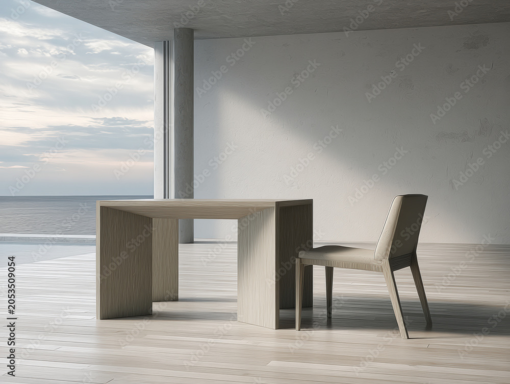 Naklejka premium Minimalist interior modern dining table chair ocean view soft light gray wall pale gray oak, calm coastal room with large window, column