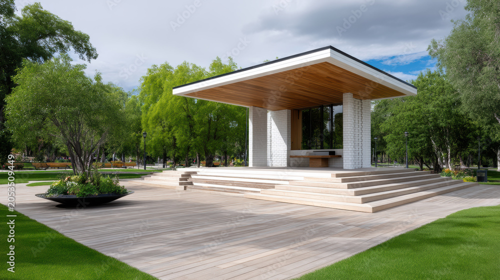 Naklejka premium Amphitheater stage pavilion roof park tree deck architecture with wide step, open air performance platform in green garden