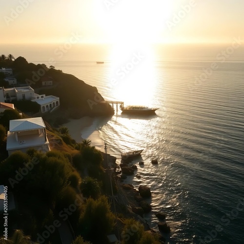 A tranquil gaze, bathed in golden hues, embracing the serenity of a seaside retreat from a lofty perspective,  beach,  summer