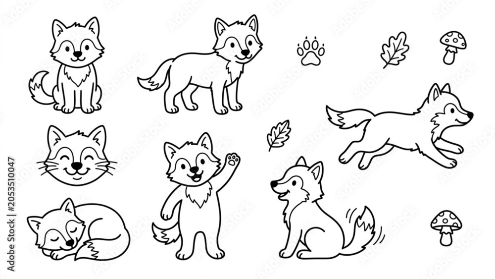 Fototapeta premium Cute Cartoon Wolf Cub Character Line Art Illustration Set Adorable Woodland Animal Collection