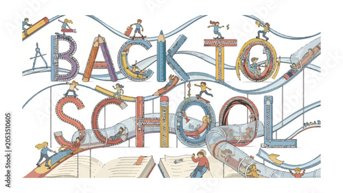 Obraz na płótnie A Whimsical Journey Back to School: Playful figures embark on an imaginative commute through a landscape of letters and school supplies, celebrating the start of a new academic adventure