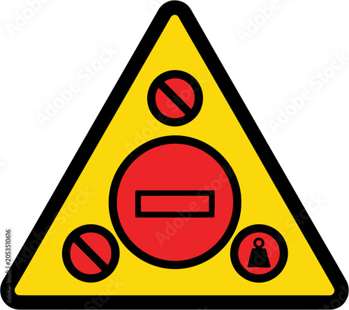 Yellow triangular warning sign with multiple red prohibition symbols, including a central stop sign and a weight icon, indicating various restrictions.