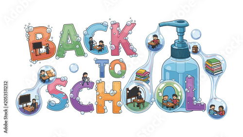Tableau sur toile Back to School Hygiene: Creative typography spelling Back to School incorporates small scenes of students learning and a hand sanitizer dispenser