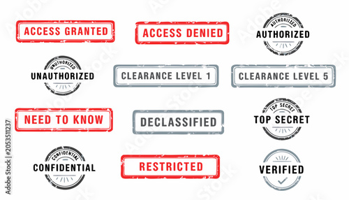 Access Granted and Denied Clearance Status Stamp Grid Flat Vector Illustration Vintage Confidential Top Secret Stamps Set with Authorized Restricted and Declassified Seals Isolated Collection for Mark