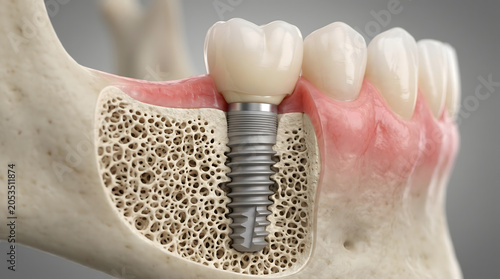 Detailed anatomical cross-section of a dental implant screw integrated into the human jawbone with a ceramic crown and healthy gums