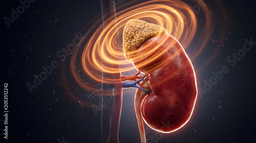 3D medical illustration of a human kidney and adrenal gland with glowing orange energy waves representing ultrasound or shockwave therapy treatment.