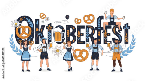 Konstfotografi Oktoberfest Celebration: A vibrant illustration capturing the spirit of Oktoberfest with people in traditional Bavarian attire, holding beer steins and pretzels, set against the festive lettering
