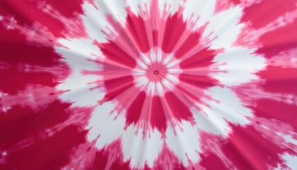 Abstract red and white tie-dye pattern radiates from center. Circular design resembles flower petals or burst. Textile texture background for graphic design projects.