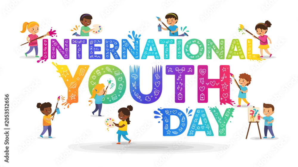 Fototapeta premium International Youth Day Celebration: Children paint and decorate the vibrant letters spelling International Youth Day, showcasing creativity and youthful spirit in a lively illustration.