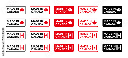 Collection of made in the canada labels, made in the canada logo, canada flag, maple leaf, canada product emblem, Vector illustration.