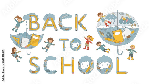 Fotografie Back to School Splash: Children joyfully embrace the start of the academic year, depicted with whimsical umbrellas and a vibrant splash of school supplies