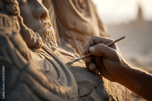 A hand draws intricate swirling patterns in sand with a stick, illuminated by warm sunlight, creating a meditative and artistic scene.