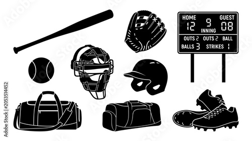 Obraz na płótnie Collection of baseball equipment including baseball bat, baseball glove, basebal