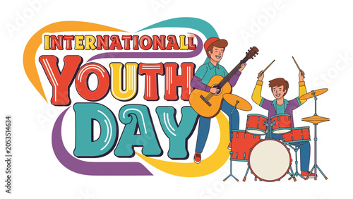 Canvastavla International Youth Day Celebration: Dynamic illustration for International Youth Day, featuring young musicians playing guitar and drums, celebrating youth culture and artistic expression