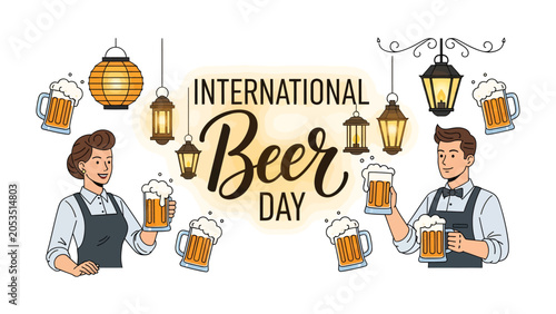 Billede på lærred International Beer Day Celebration: Bartenders toast with frothy beer mugs, surrounded by decorative lanterns, marking the jovial spirit of International Beer Day