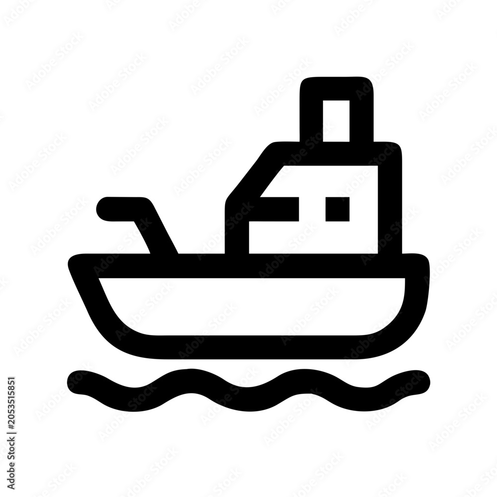 Fototapeta premium Simple black outline icon of a cargo ship on sea waves with transport nautical shipping transportation logistics navigation minimalist isolated