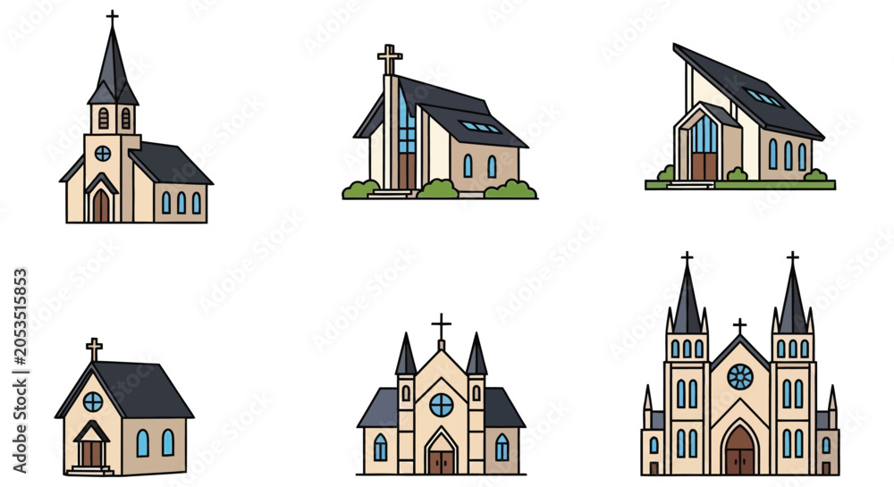 Naklejka premium Churches Vector Illustration Set On White Background architecture building chapel