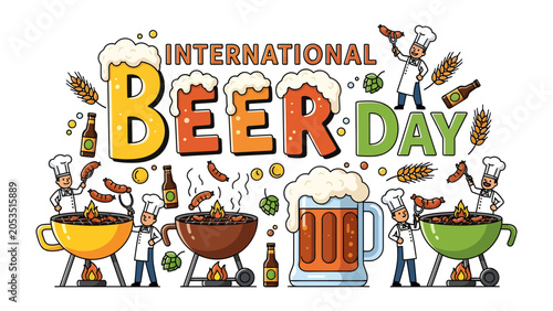 Canvastavla Celebrate International Beer Day: A lively illustration depicts International Beer Day with chefs grilling sausages, beer mugs overflowing with foam, and hops