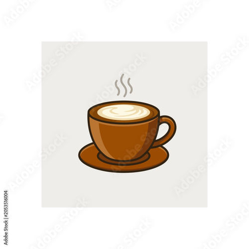 Steaming Cup of Coffee with Creamy Foam on Saucer.