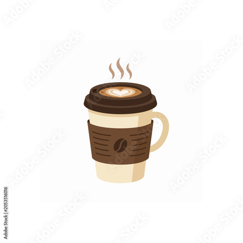Steaming Hot Coffee Cup with Heart Latte Art.