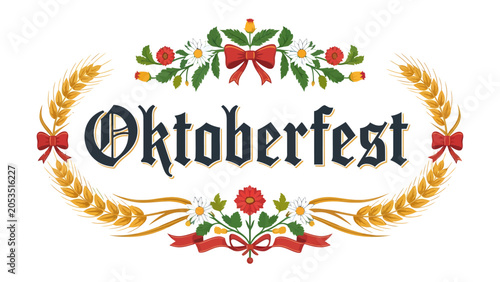 Oktoberfest Greeting Emblem: A festive emblem celebrating Oktoberfest, featuring golden wheat stalks, red bows, and floral accents framing the gothic text.