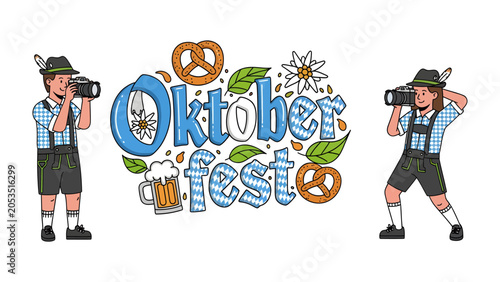 Photos Oktoberfest Celebration with Characters: Two playful characters dressed in traditional Bavarian attire capture the essence of Oktoberfest with pretzels, beer