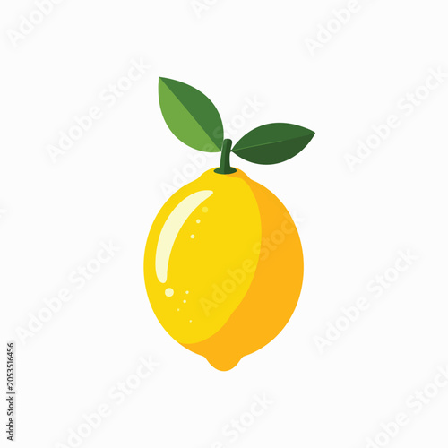 Flat vector illustration of a fresh yellow lemon with green leaves.