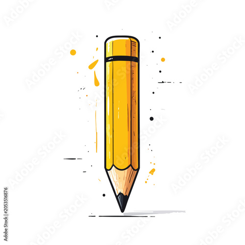 Stylized artistic yellow wooden pencil illustration on white background.