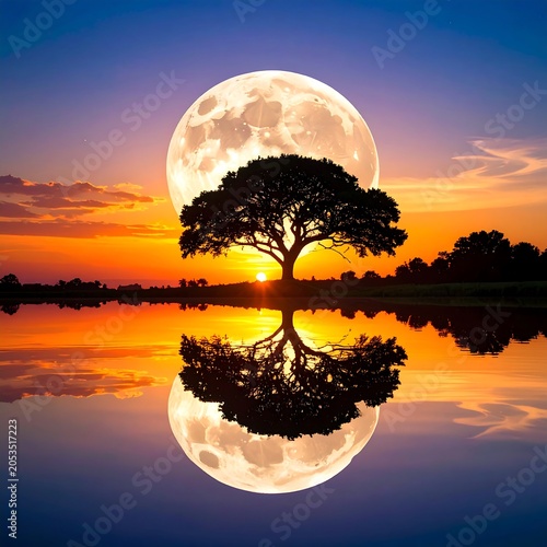 Tranquil landscape of tree silhouette against full moon and sunset