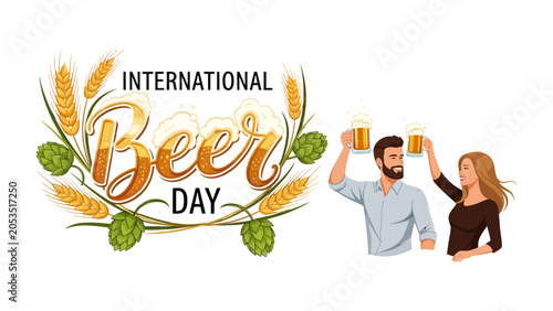 Konstfotografi International Beer Day Celebration: A vibrant illustration celebrating International Beer Day, featuring a couple toasting with frothy mugs of beer amidst decorative hops and wheat stalks