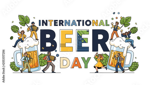 Photos International Beer Day Celebration: A whimsical illustration depicts the joyous celebration of International Beer Day, complete with dancing figures, cheerful accordion players, frothy beer mugs