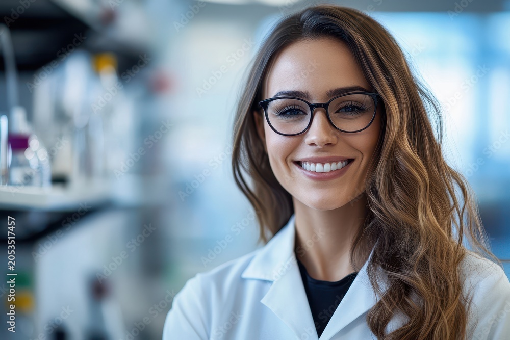 Fototapeta premium Portrait of a smiling female scientist in a laboratory setting wearing a white lab coat and blackrimmed glasses, looking at the camera