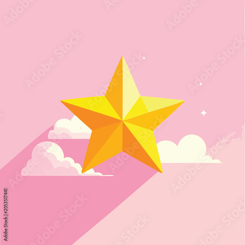 A golden five pointed star floating with fluffy white clouds.