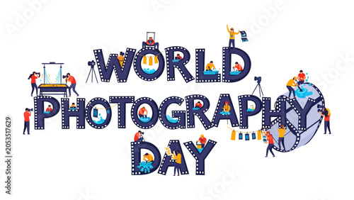 Foto World Photography Day Celebration: A vibrant illustration depicts the essence of World Photography Day, with tiny figures interacting with large, film-reel-styled letters spelling out the celebration