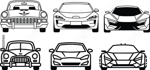 Vintage and modern car icons set, black and white automotive vector illustrations, classic and sports car front view silhouettes for logo design