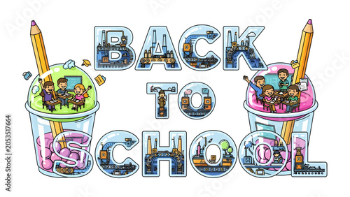 Fotografie Back to School Delight: Whimsical illustration of Back to School text rendered in playful, colorful letters filled with miniature scenes of classroom activities