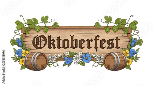 Fotografie Oktoberfest Celebration Sign: A rustic wooden sign emblazoned with Oktoberfest is adorned with hops, edelweiss flowers, bluebells, and miniature beer barrels