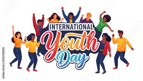 Bild auf Leinwand International Youth Day Celebration: A vibrant illustration depicts a diverse group of energetic young people joyfully celebrating International Youth Day