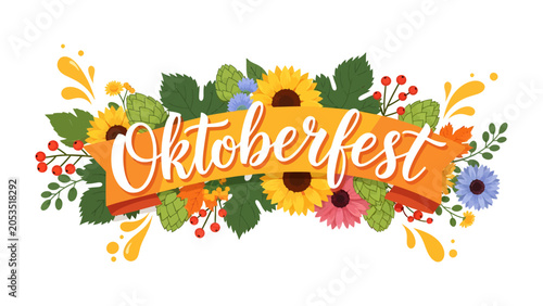 Fotografi Oktoberfest Celebration Banner: A vibrant banner exuding the spirit of Oktoberfest, adorned with sunflowers, berries, and hops, featuring the festive text Oktoberfest in an eye-catching font