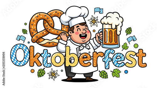 Obraz na płótnie Oktoberfest Celebration with Chef and Pretzel: A jolly chef in traditional attire holds a giant pretzel and a mug of frothy beer, surrounded by festive Oktoberfest decorations