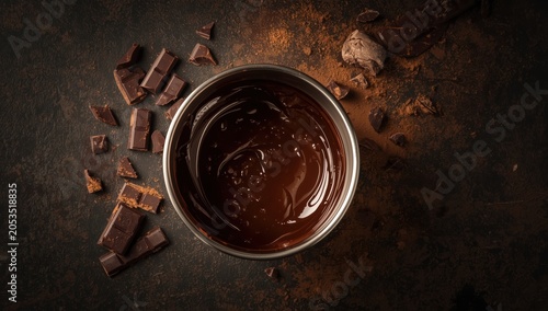 Top view of melted dark chocolate in a small metal bowl with broken chocolate pieces on a dark stone surface