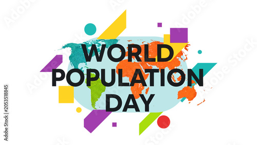 Tableau sur toile World Population Day Graphic: A vibrant and colorful graphic design celebrating World Population Day, featuring a stylized world map surrounded by abstract geometric shapes and text