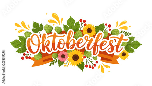 Oktoberfest Celebration Garland: A vibrant and festive garland adorned with hops, sunflowers, red berries, and autumn leaves, elegantly spells out Oktoberfest in bold calligraphy.