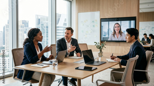 Diverse corporate team having a hybrid meeting with remote colleague on video call in modern boardroom