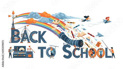 Foto Back to School Wonder: An imaginative illustration depicting the excitement of returning to school, with children flying through a rainbow, books soaring