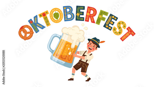 Canvastavla Oktoberfest Celebration: A jovial man in traditional Bavarian attire struggles with a giant frothy beer mug under a colorful OKTOBERFEST banner, complete with a pretzel